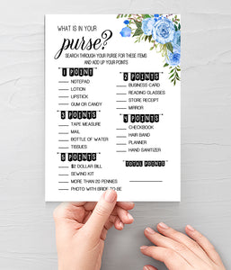 What is in your Purse? Bridal Shower game, Ready to Print, blue floral boho chic G 105-23