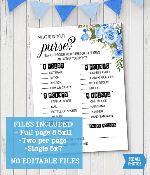 What is in your Purse? Bridal Shower game, Ready to Print, blue floral boho chic G 105-23