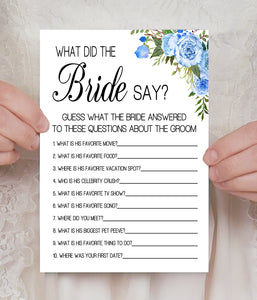 What did the Bride Say Bridal Shower game, Ready to Print, Blue floral boho chic G 105-26