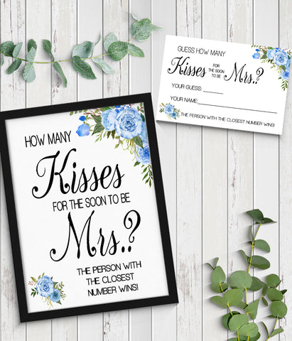 How many Kisses for the soon to be Mrs Bridal Shower Game, Ready to Print, blue floral boho chic G 105-27