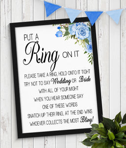 Put a Ring on it Bridal Shower Game, Ready to Print, blue floral boho chic G 105-28