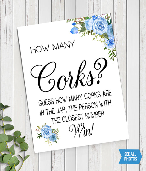 Guess how many corks Bridal Shower Game, Ready to Print, blue floral boho chic G 105-31