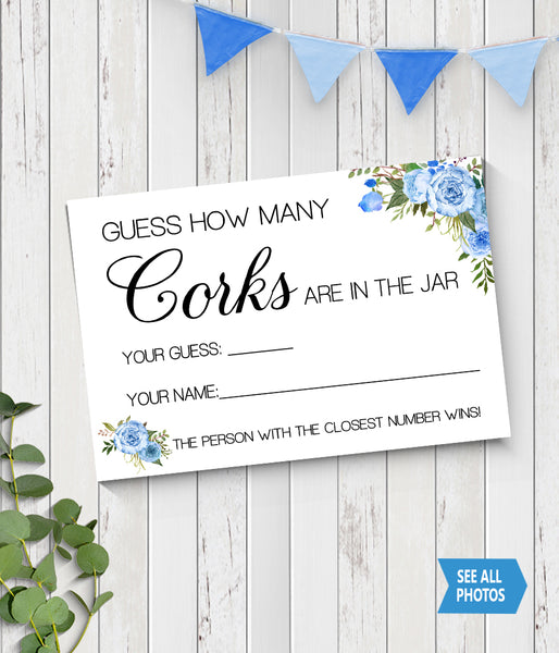 Guess how many corks Bridal Shower Game, Ready to Print, blue floral boho chic G 105-31