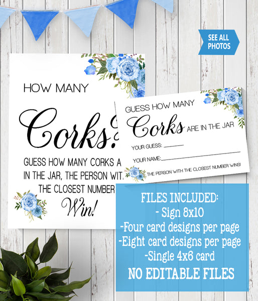 Guess how many corks Bridal Shower Game, Ready to Print, blue floral boho chic G 105-31