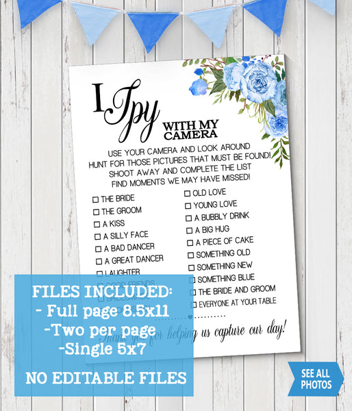 I Spy with my camera Wedding Reception activity game, Ready to Print, blue floral boho chic G 105-37