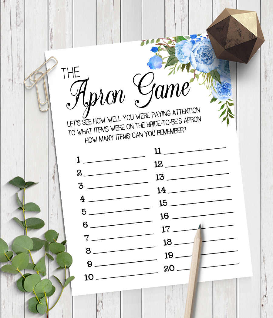 The Apron Bridal Shower game, Ready to Print, blue floral boho chic G 105-39