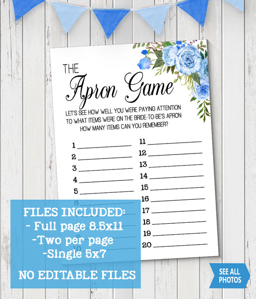 The Apron Bridal Shower game, Ready to Print, blue floral boho chic G 105-39