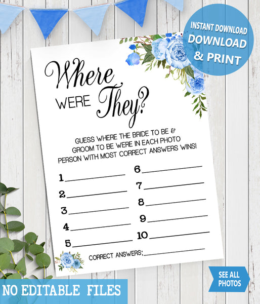 Where were They Bridal Shower Game, Ready to Print, blue floral boho chic G 105-44