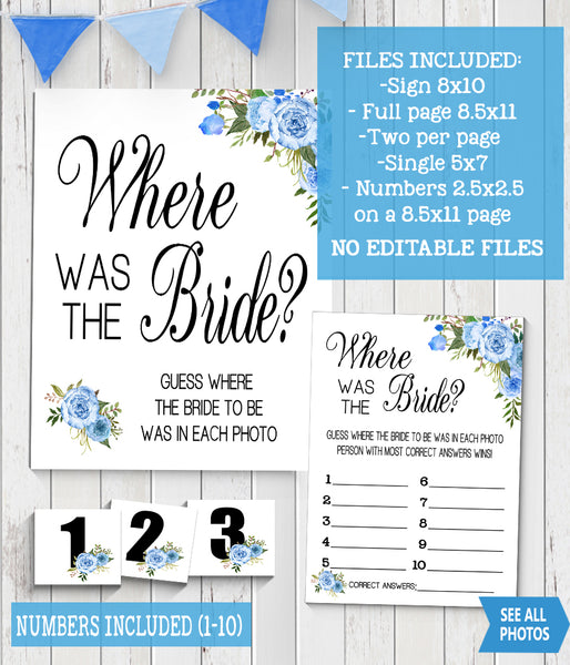 Where was She Bridal Shower Game, Ready to Print, blue floral boho chic G 105-45