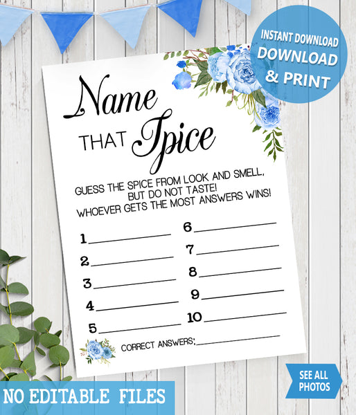 Name that Spice Bridal Shower Game, Ready to Print, blue floral boho chic G 105-48