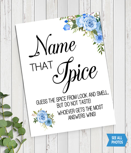 Name that Spice Bridal Shower Game, Ready to Print, blue floral boho chic G 105-48