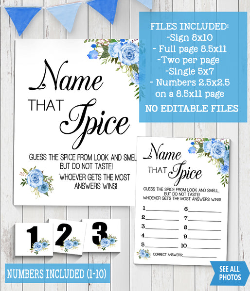 Name that Spice Bridal Shower Game, Ready to Print, blue floral boho chic G 105-48