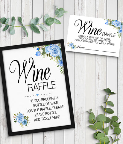 Wine Raffle bring a bottle Bridal Shower Game, Ready to Print, blue floral boho chic G 105-50