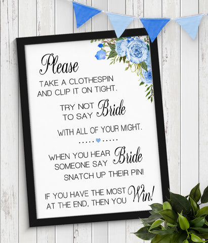 The Clothespin Bridal Shower Game, Ready to Print, blue floral boho chic G 105-55