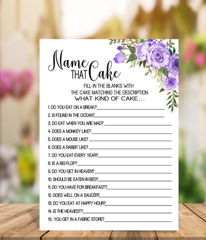 Name that Cake Bridal Shower game, Ready to Print, purple floral boho chic G 106-02