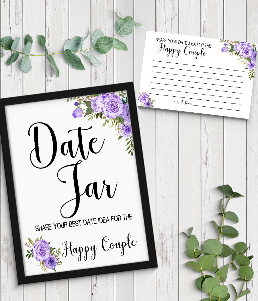 Date Jar ideas for Couple Bridal Shower Game, Ready to Print, purple floral boho chic G 106-03