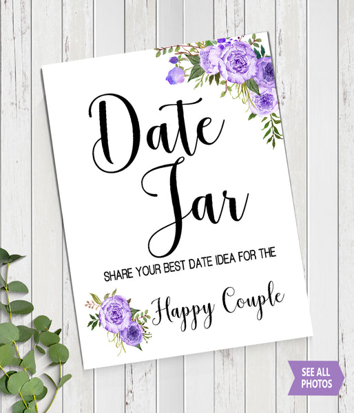 Date Jar ideas for Couple Bridal Shower Game, Ready to Print, purple floral boho chic G 106-03