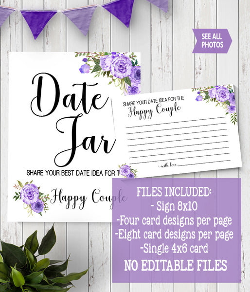 Date Jar ideas for Couple Bridal Shower Game, Ready to Print, purple floral boho chic G 106-03