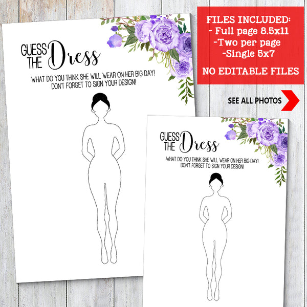 Guess the Bride Dress Bridal Shower game, Ready to Print, purple floral boho chic G 106-04
