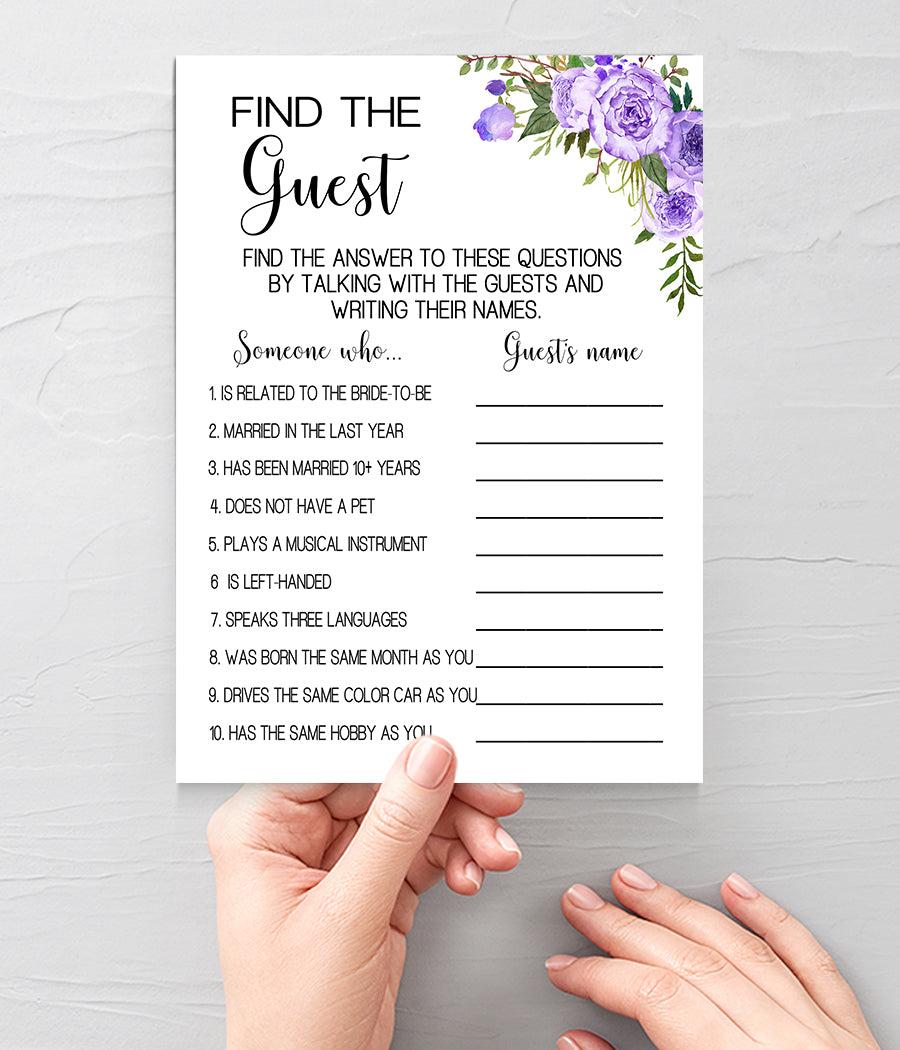 Find the Guest Bridal Shower game, Ready to Print, purple floral boho chic G 106-05