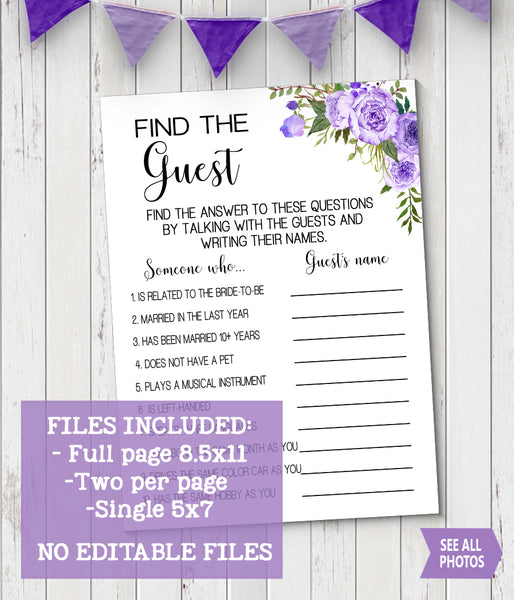 Find the Guest Bridal Shower game, Ready to Print, purple floral boho chic G 106-05