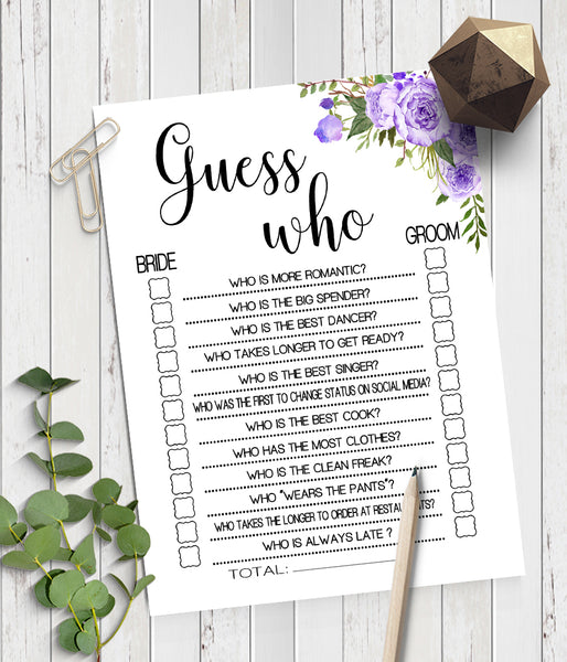 Guess Who Bridal Shower game, Ready to Print, purple floral boho chic G 106-06