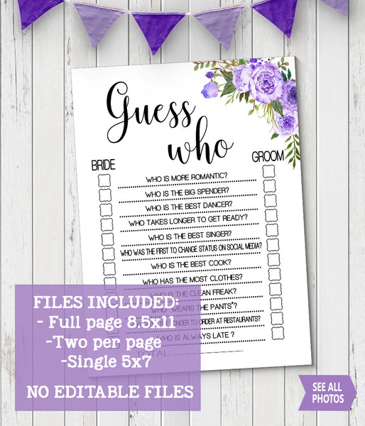 Guess Who Bridal Shower game, Ready to Print, purple floral boho chic G 106-06