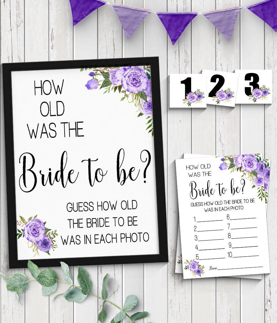 How Old was the Bride to Be Bridal Shower Game, Ready to Print, purple floral boho chic G 106-08