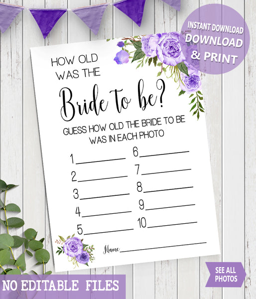 How Old was the Bride to Be Bridal Shower Game, Ready to Print, purple floral boho chic G 106-08