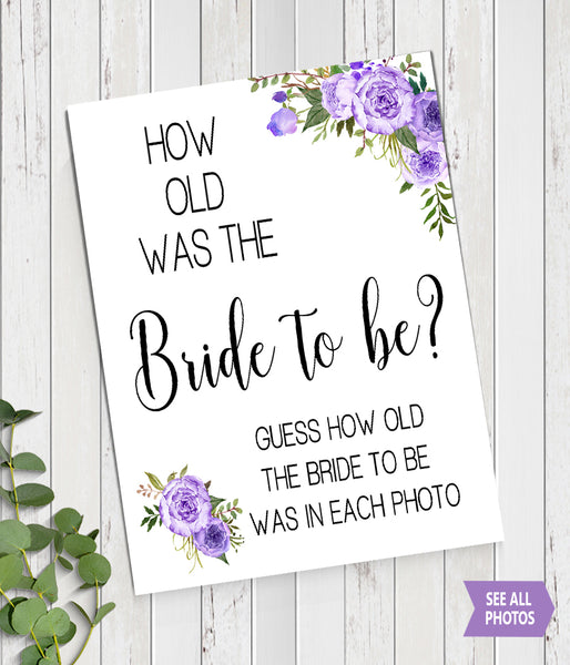 How Old was the Bride to Be Bridal Shower Game, Ready to Print, purple floral boho chic G 106-08