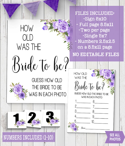 How Old was the Bride to Be Bridal Shower Game, Ready to Print, purple floral boho chic G 106-08