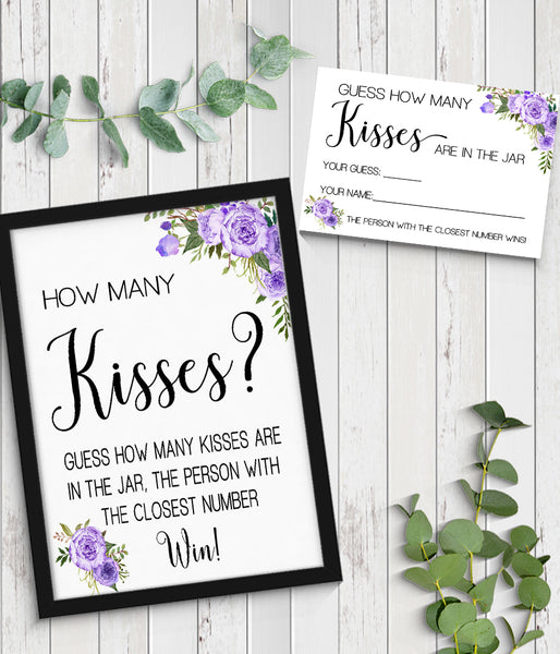 Guess how many Kisses Bridal Shower Game, Ready to Print, purple floral boho chic G 106-09