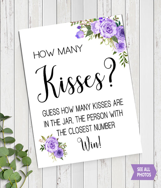 Guess how many Kisses Bridal Shower Game, Ready to Print, purple floral boho chic G 106-09