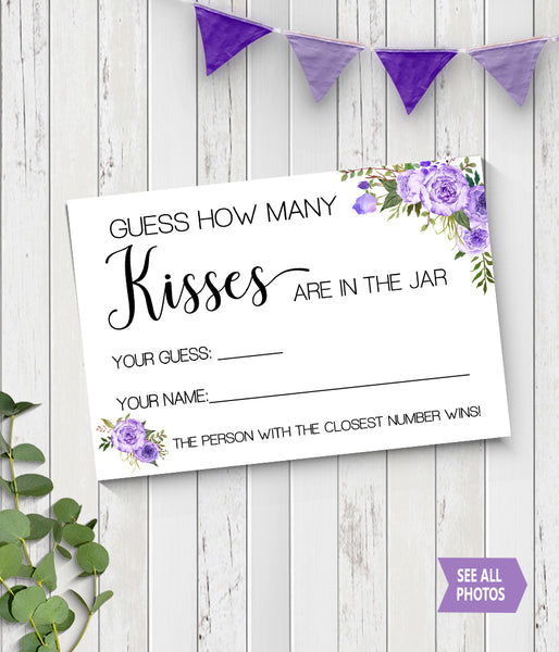 Guess how many Kisses Bridal Shower Game, Ready to Print, purple floral boho chic G 106-09