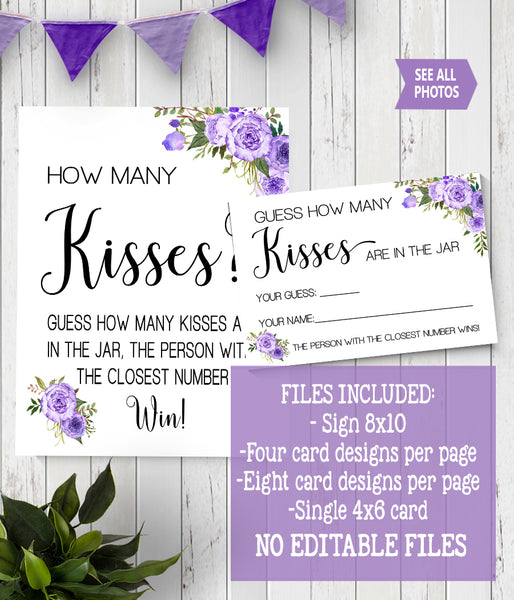 Guess how many Kisses Bridal Shower Game, Ready to Print, purple floral boho chic G 106-09