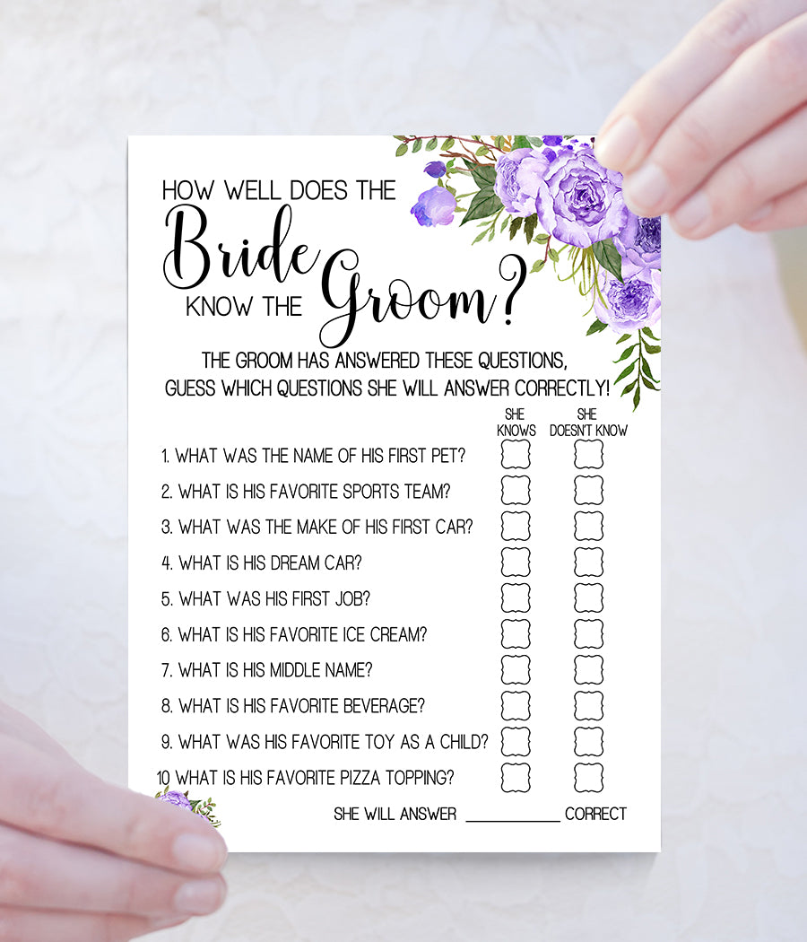 How well does Bride know Groom Bridal Shower game, Ready to Print, purple floral boho chic G 106-11