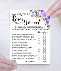 How well does Bride know Groom Bridal Shower game, Ready to Print, purple floral boho chic G 106-11