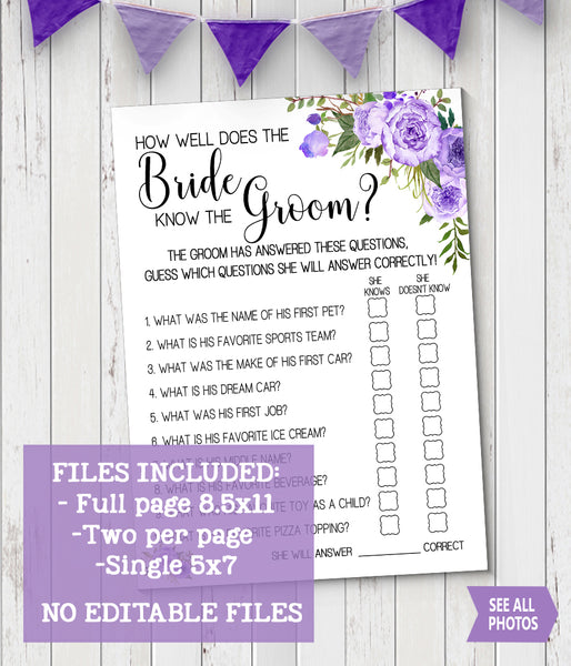 How well does Bride know Groom Bridal Shower game, Ready to Print, purple floral boho chic G 106-11