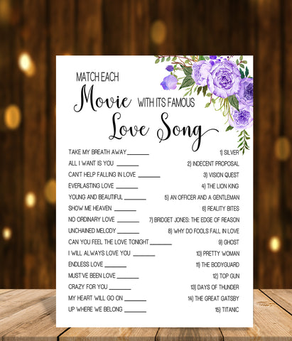 Match Movie with love song Bridal Shower game, Ready to Print, purple floral boho chic G 106-12