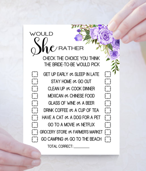 Would She Rather? Bridal Shower game, Ready to Print, Purple floral boho chic G 106-13