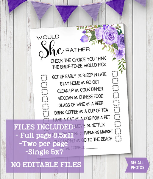 Would She Rather? Bridal Shower game, Ready to Print, Purple floral boho chic G 106-13