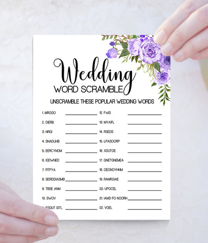 Wedding word scramble bridal shower game, Ready to Print, purple floral boho chic G 106-14
