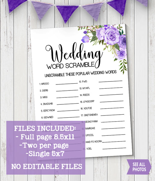 Wedding word scramble bridal shower game, Ready to Print, purple floral boho chic G 106-14