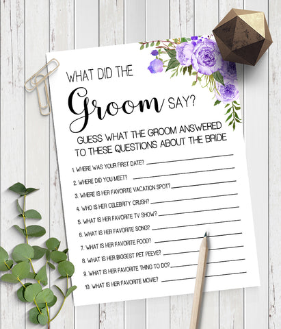What did the Groom say Bridal Shower game, Ready to Print, purple floral boho chic G 106-15