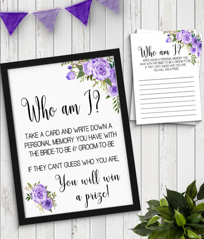 Who I am? Bridal Shower Game, Ready to Print, Purple floral boho chic G 106-16