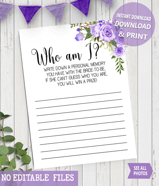 Who I am? Bridal Shower Game, Ready to Print, Purple floral boho chic G 106-16