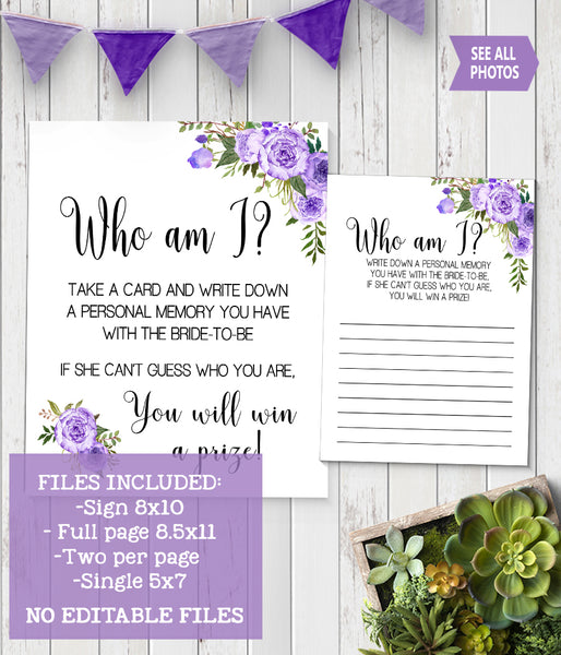 Who I am? Bridal Shower Game, Ready to Print, Purple floral boho chic G 106-16