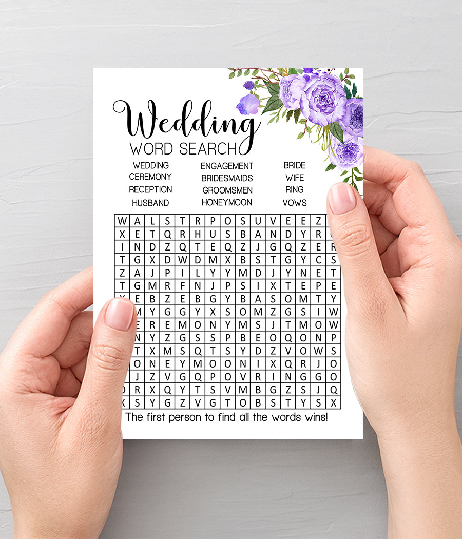 Wedding word search bridal shower game, Ready to Print, purple floral boho chic G 106-19