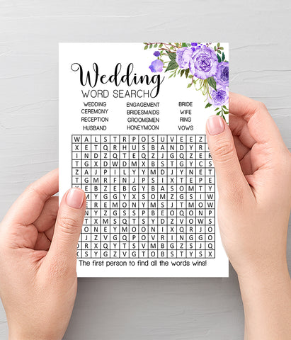 Wedding word search bridal shower game, Ready to Print, purple floral boho chic G 106-19
