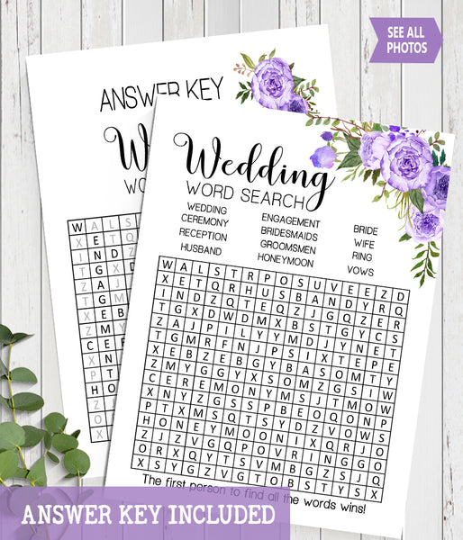 Wedding word search bridal shower game, Ready to Print, purple floral boho chic G 106-19